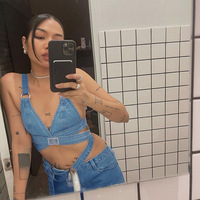 Ensemble deux pièces polyvalent personnalisé pour femmes, mode de rue décontractée, soutien-gorge sexy et jean droit taille haute avec gilet en jean fronde