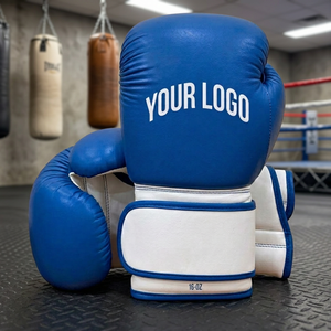 Gants de boxe MMA en cuir bleu et blanc avec logo personnalisé 16oz |   Équipement d'entraînement respirant à doigts entièrement couverts avec fermeture auto-agrippante - Product Image 2