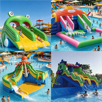 Parc aquatique gonflable commercial extérieur pour enfants avec toboggan et piscine, thèmes Pieuvre, Éléphant, Poisson, Dinosaure, Château, Baie, Fleur, pour la location