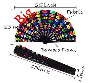 2023 Factory Price Customized Large Big Size Bamboo Fabric Foldable Hand Rave Fan For Nightclub Use