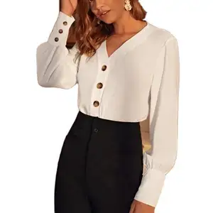 2024 Witte Boutique V-Hals Lange Massieve Bisschop Mouw Knoop Voorkant Blouse Peplum Top Voor Vrouwen