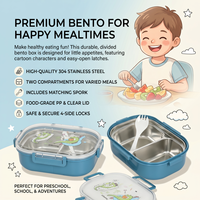 Boîte à lunch bento pour enfants en acier inoxydable 304 avec 2 compartiments, récipient alimentaire thermique étanche avec fourchette pour les enfants d'âge scolaire