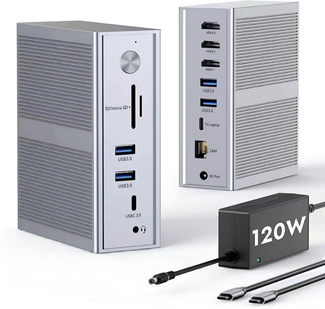 USB-C Laptop Docking Station 3x4K DisplayLink 120W Power Adapter for MacBook M1/M5/Windows 14 Ports for 2.0 Aluminum Stock