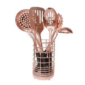 Vintage latão cobre chapeado 5 peças alta qualidade cozinha ferramentas aço inoxidável utensílios de cozinha conjunto com suporte