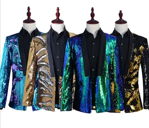 Men's two-tone sequined flip sequined stage show nightclub bar DJ singer host trend jacket suit