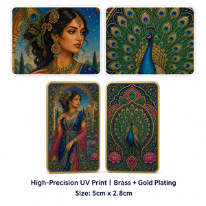 Brass Bar Indian Maharani <strong>Peacock</strong> Double Sided Metal Crafts Collectible Card Gold Frame Lotus Emerald Taj Royal Decor Gift - Product Image 2