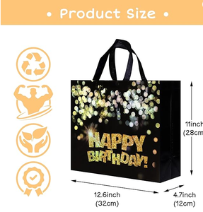 Grande <span class=keywords><strong>borsa</strong></span> regalo di compleanno riutilizzabile in tessuto Non tessuto nero con pois lucidi oro per feste di buon compleanno o uso del supermercato - Product Image 2