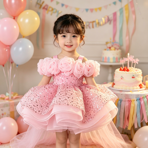 Abito da Principessa per Bambine con Applicazioni 3D di Rose Gialle, Vestito Estivo con Paillettes e Tulle per Feste - Product Image 3