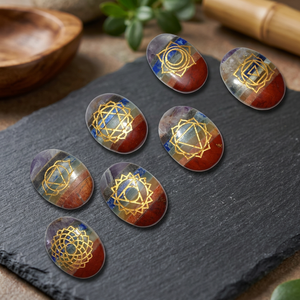 Oval Gemstone <b>Chakra</b> Stones Gold Engraved Symbols Polished Reiki Art Collectibles Seven <b>Chakra</b> Bonded <b>Set</b> <b>Crystal</b> Export Gujarat - Product Image 3