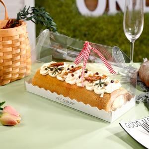 Custom logo portable eco PET plastic clear transparent white wedding swiss roll box cake with handle