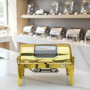Calentador de Comida Comercial Premium de Acero Inoxidable de 9L con Tapa Enrollable Dorada y Ventana Visible, Juego de Buffet <span class=keywords><strong>para</strong></span> Banquetes de Boda - Product Image 4