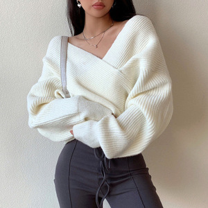 Suéter de punto con cuello en V para mujer, jersey de manga larga, ajuste holgado acanalado, para otoño - Product Image 1