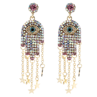 Boucles d'oreilles clous vintage plaqué or Main de Fatima étoile, bijoux en strass colorés, boucles d'oreilles pompon main Hamsa en cristal pour femme