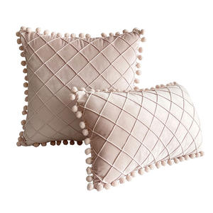 Velvet Plush Throw Pillow Solid Color Diamond Pattern Pom Pom Square <b>Cushion</b> For <b>Sofa</b> Office Decorative Pillowcase - Product Image 2