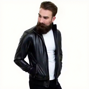 Blouson Bomber Homme en Cuir Véritable Noir, Col Montant, en Peau de Mouton, Poches Zippées, Ourlet Côtelé, Personnalisé, Chaud pour Automne Hiver - Product Image 1