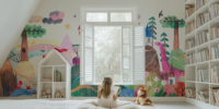 Papier peint mural de conte de fées de la tournée mondiale de l'aquarelle pour la chambre d'enfant, la crèche, la salle de jeux