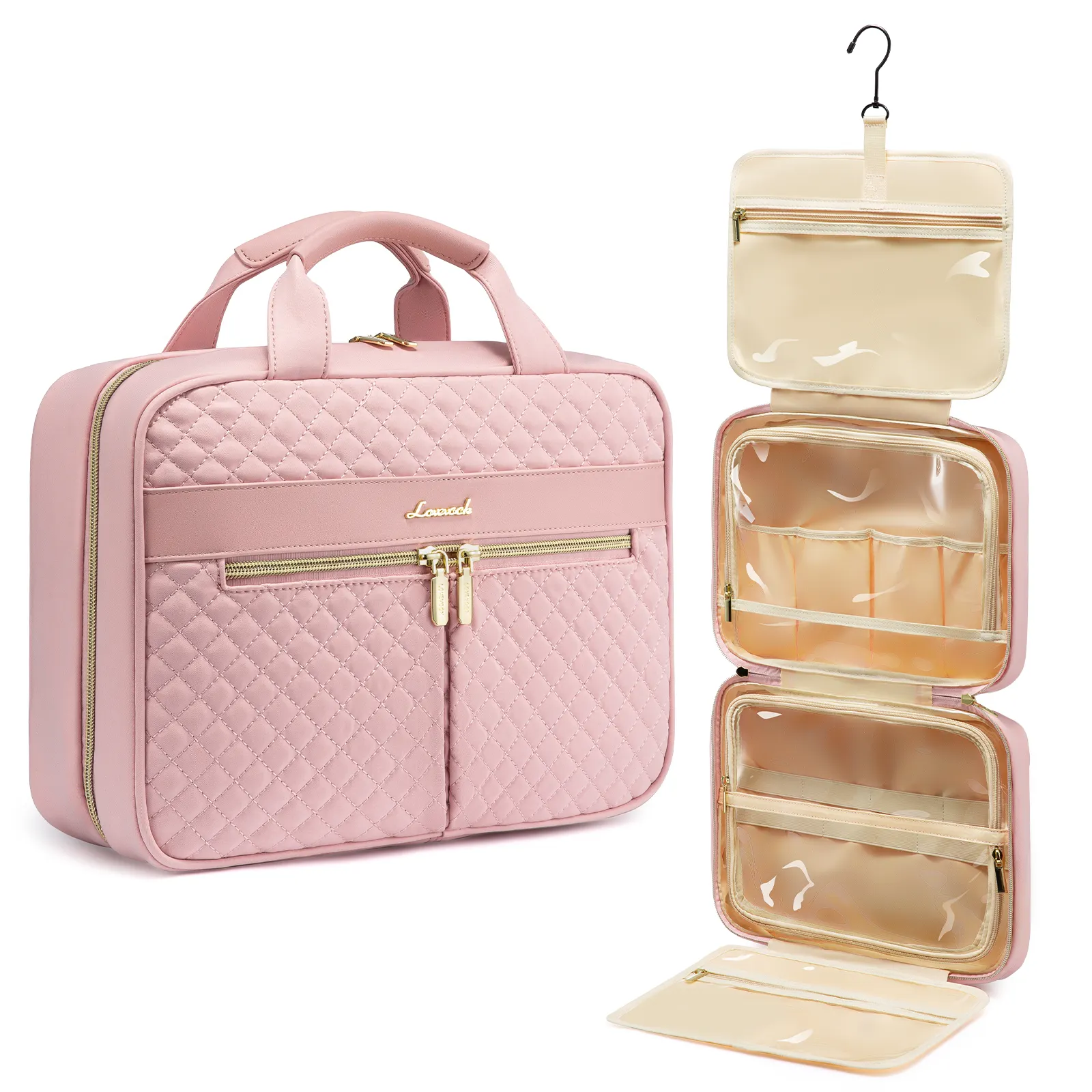 LOVEVOOK स्टाइलिश निविड़ अंधकार यात्रा फांसी हुक के साथ श्रृंगार मामले प्यारा गुलाबी लड़की कॉस्मेटिक आयोजक बैग महिलाओं यात्रा Toiletry बैग