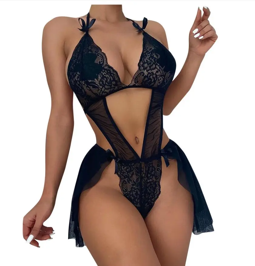 Fille dentelle lingerie sexy femmes sexy évider femmes sous-vêtements sexy col en V licou robes exotiques voir à travers maille