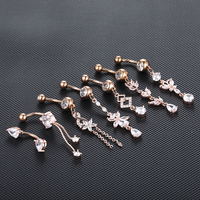 Anneaux de Nombril en Acier Zircon Fleur Coeur Dangle Piercing Nombril Anneau de Ventre Bijoux de Corps