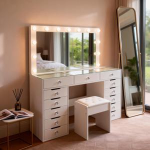 Coiffeuse de chambre moderne et élégante de style américain <span class=keywords><strong>avec</strong></span> miroir éclairé et tiroirs de rangement intégrés, écoresponsable - Product Image 1