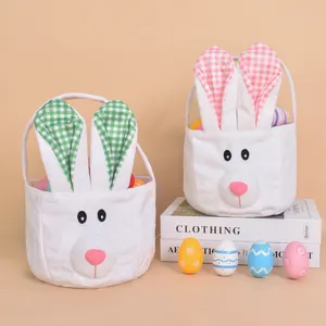 Lienzo a rayas Orejas de conejo de Pascua Cubo de transporte Niños y niñas Pascua Favorito caliente para almacenar regalos Dulces