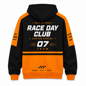 Sweat à capuche graphique personnalisé OEM pour équipe de garage, bicolore orange et noir, pour fan de course automobile, à manches longues - Product Image 6