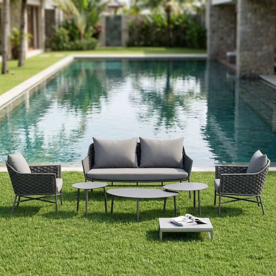 Modern Aluminum Round Outdoor Dining Table 4-person Sofa Set for Patio ...