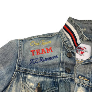 Vente en gros d'usine de vestes personnalisées de créateurs pour hommes veste en denim extensible de conception de patchs en chenille brodés en détresse - Product Image 4