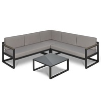 Sofá Esquinero Moderno para Patio, Muebles de Jardín, Conjunto de Conversación en Forma de L de Plástico, Madera y Aluminio con Mesa de Centro