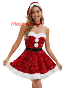 MS Women's Santa Claus Style Christmas <b>Costume</b> Shiny Sequin Dress Holiday Party Stage Performance <b>Cosplay</b> Outfit Red Polyester - Product Image 5