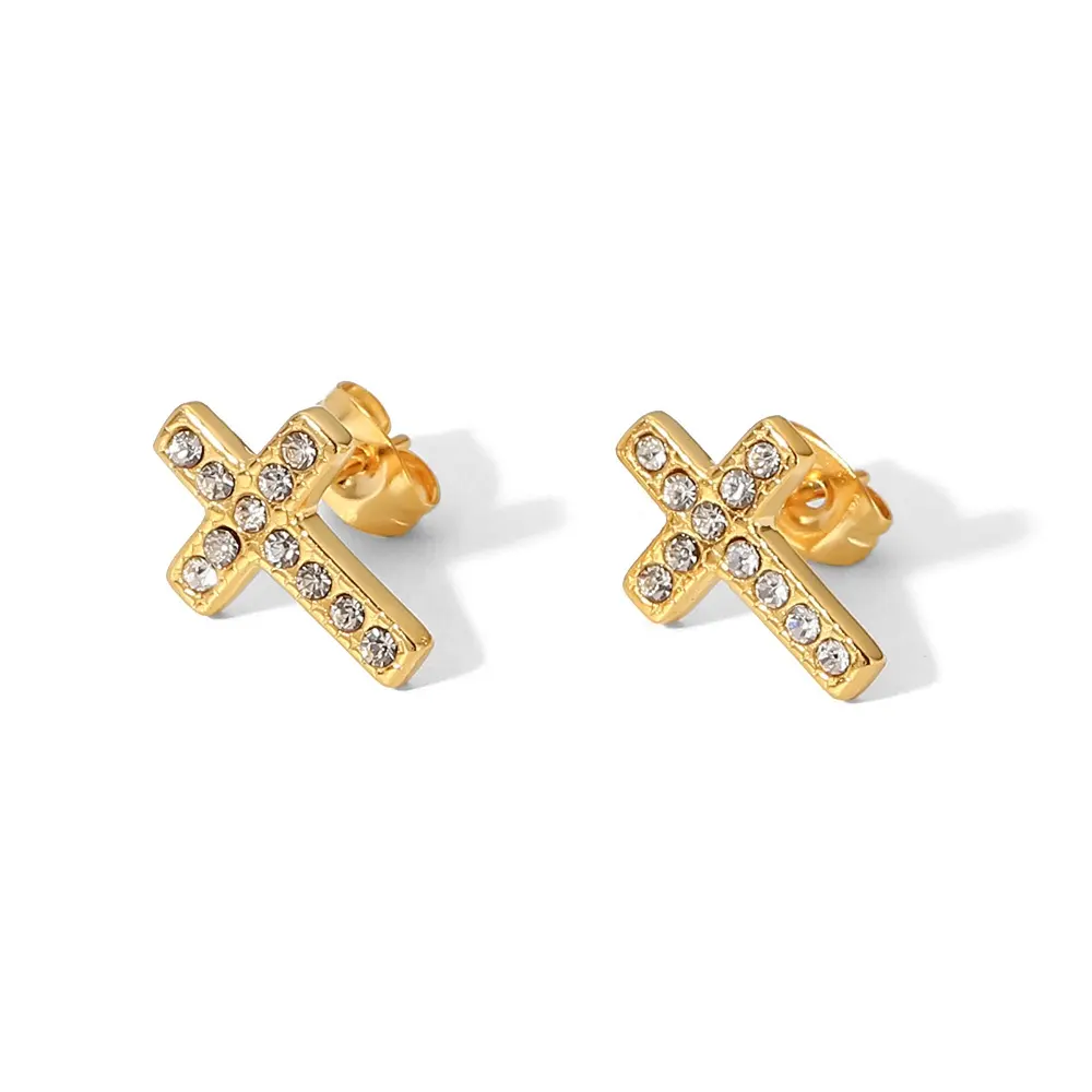 18K Gold Plated White Cubic Zirconia Bezel Setting Cross Stainless Steel Stud Earrings For Gift