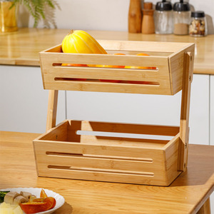 Bamboo Desktop Storage Rack Double Layer Fruit <b>Vegetable</b> Bread Basket Multifunctional Kitchen Organizer <b>Standing</b> Type - Product Image 3