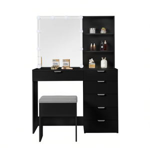 Juego de tocador de maquillaje FCH con espejo iluminado, 6 cajones, 2 estantes, tocador moderno negro para dormitorio - Product Image 1