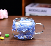 Mug en verre borosilicate soufflé à la main à double paroi avec intercouche de fleurs séchées, résistant à la chaleur, 130 ml, anti-fuite
