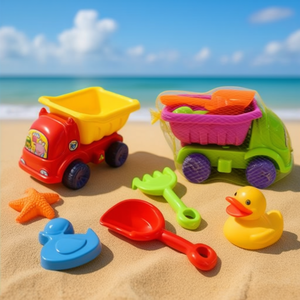 ชุดของเล่นชายหาดรถบรรทุกสีแดง 5 ชิ้น พร้อมพลั่ว คราด แม่พิมพ์ เป็ด ปลาดาว - Product Image 3