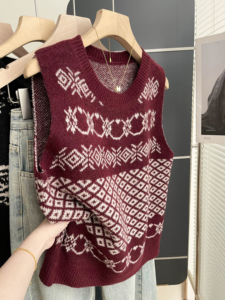 Chaleco de punto jacquard geométrico Fair Isle con cuello redondo para mujer, sin mangas, casual, para otoño, suéter tipo top sin mangas - Product Image 1