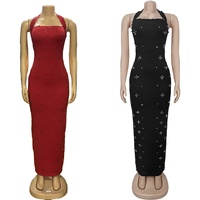 Robe de soirée longue pour femme, style licou, ornée de perles, avec bandage, idéale pour les dîners et les fêtes d'anniversaire, vente en gros
