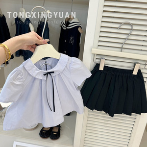 Tongxingyuan Girls Summer School Style Two Piece Set Cotton Chiffon Short Sleeve Shirt With Pleated Skirt For Children - Product Image 1