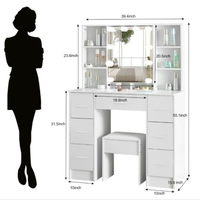 Ensemble de chambre à coucher vintage avec coiffeuse moderne de luxe, éclairage LED réglable, miroir de maquillage, rangement, usage spécifique, commode