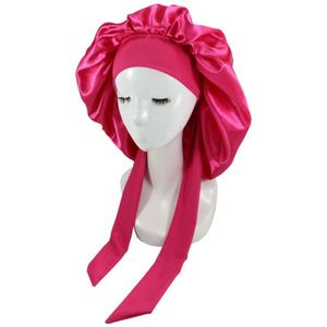 Bonnet de nuit en satin de soie grande taille avec long ruban à nouer, broderie, réversible, double couche, pour femme - Product Image 2