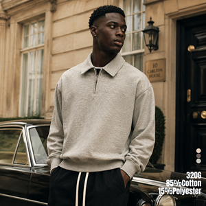 Wholesale <strong>Old</strong> Money Fashion <strong>Pullover</strong> Sweatshirt with Zipper Support OEM Custom 320g Heavyweight Turn-down Collar Hoodie - Product Image 4