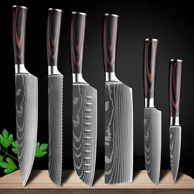 Venta al por mayor láser patrón cuchillo de Chef de cocina conjunto de Damasco cuchillo