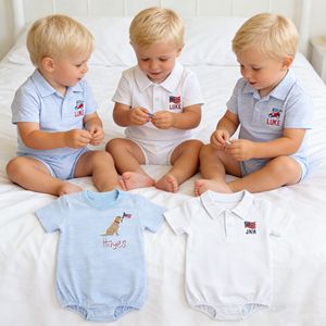 Pakaian Bayi Laki-laki Musim Panas, Baju Polo Lengan Pendek Bergaris Katun Kerah Pan, Romper Bordir Jonjon, Setelan Romper Anak Laki-laki 2026 - Product Image 1