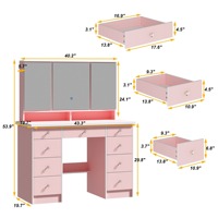Coiffeuse moderne en bois rose avec 9 tiroirs, miroir LED, design panneau pour chambre d'hôtel, étagères de rangement dissimulées