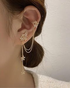 Gold Plated Floral Ear Cuff <b>Earrings</b> with Chain <b>Tassel</b> Crystal Flower Ear Wrap Elegant Dangle Ear Jewelry for Women - Product Image 3