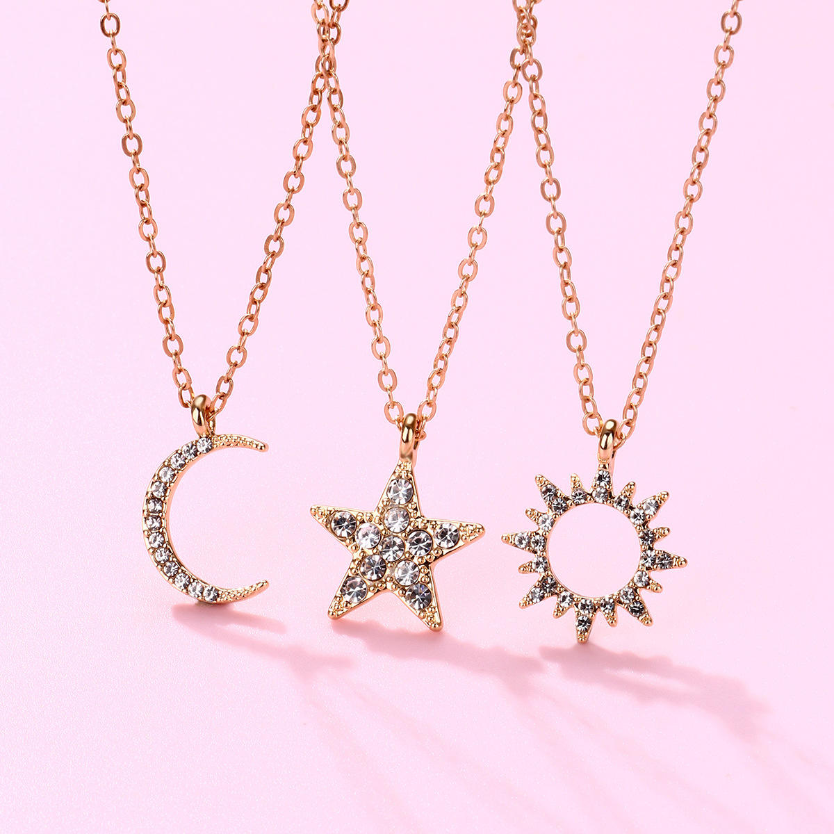 3Pcs /set Zircon Sun Moon Star Pendant BFF Puzzle Necklace Set for