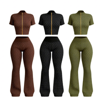 Ensemble 2 pièces à pois pour femme : Crop top demi-zip à manches courtes et pantalon évasé taille haute – Survêtement décontracté style streetwear