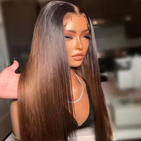 Perruque Frontale à Fermeture en Dentelle HD Sans Colle Marron Ombré et Blond Miel, Cheveux Humains Vierges Vietnamiens SDD Super Raides et Authentiques
