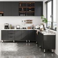Cuisine modulaire complète Alvin, armoire de cuisine en forme de L avec éclairage LED, vitrine en verre pour appartement