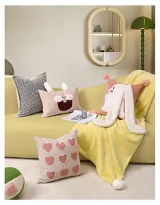 Capa para almofada infantil aibuzhijia, capa de coelho rosa de travesseiro, aplique de decoração de bola de cabelo, fronha bordada, 2023